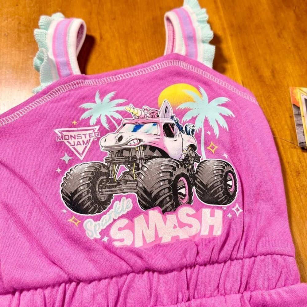 Monster Jam Sparkle Smash Unicorn Monster Truck Pink Romper Size 18M